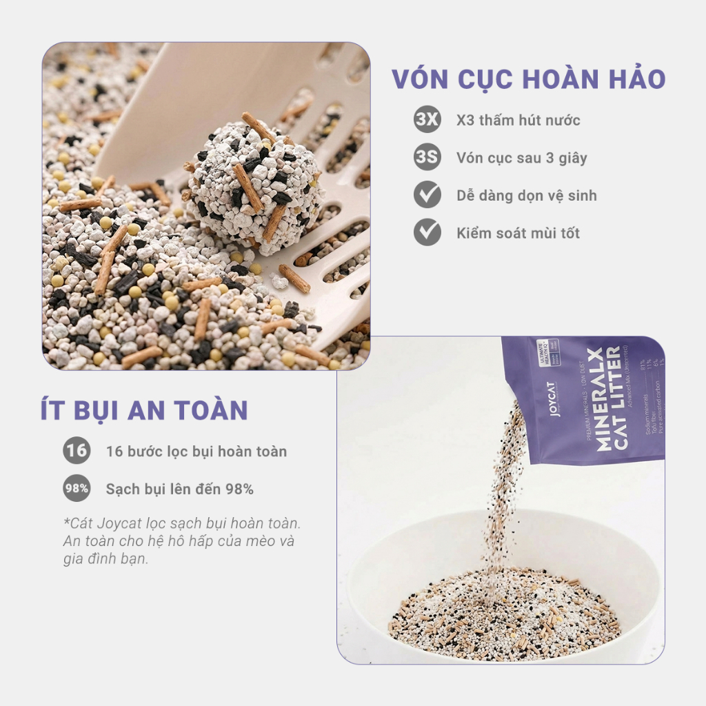Cát Mèo JOYCAT MineralX 3.5KG (8L) - Cát Khoáng Khử Mùi 21 Ngày, Than Hoạt Tính, Ít Bụi, Vón Nhanh