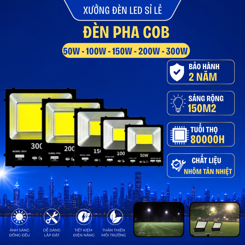 Đèn Pha LED Ngoài Trời, Đèn Pha COB Chất Liệu Nhôm Tản Nhiệt Tốt Chống Nước IP66 Chiếu Sáng 150m2