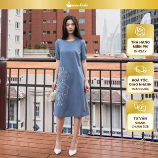 SWANLAKE | Váy Đầm Nữ Midi Suông Tay Ngắn Cổ Tròn Vải Linen Thêu Hoa Cao Cấp Công Sở D13363