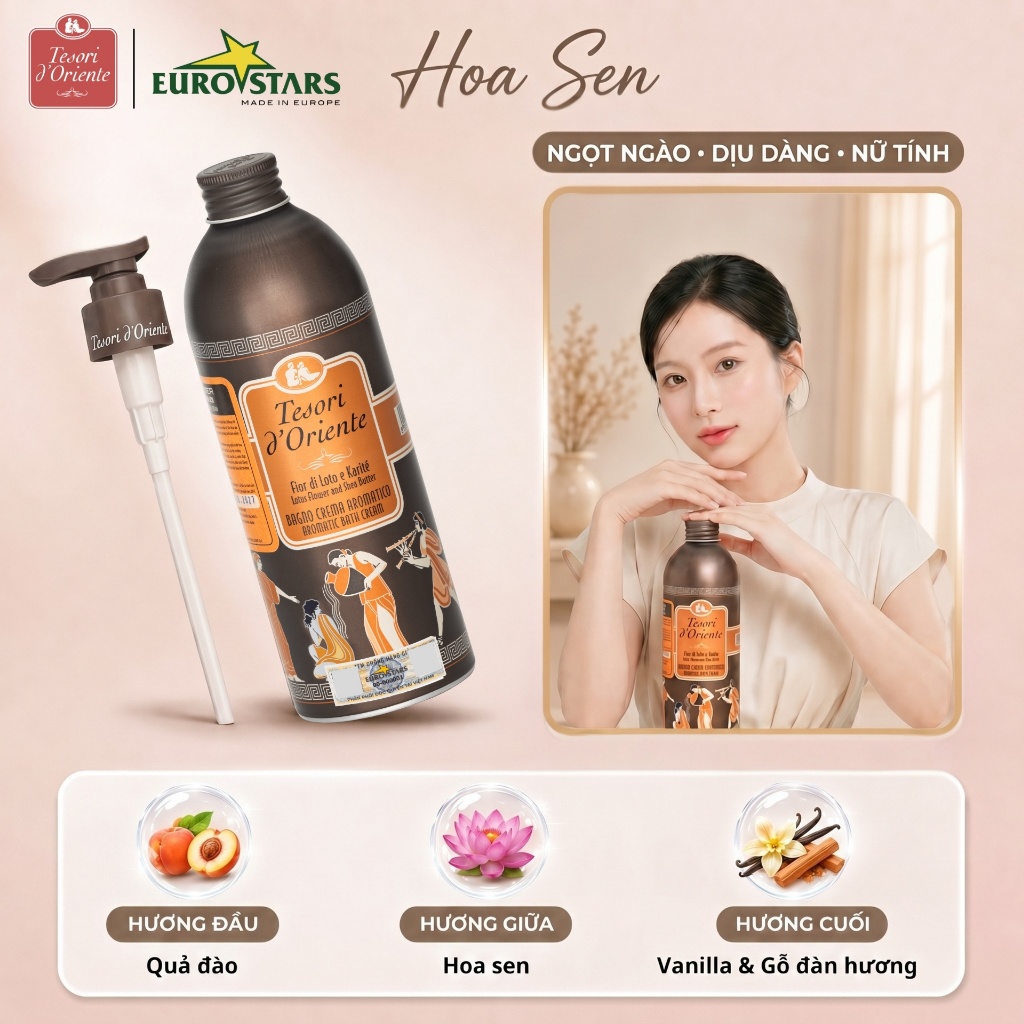 Sữa tắm nước hoa Tesori d'Oriente 500ml - 25ml - Dưỡng ẩm mịn da, lưu hương lâu đến 8H, nhập khẩu Italy (Kèm vòi)