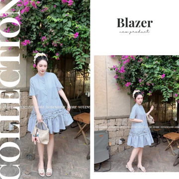 Đầm bầu thiết kế babydoll , váy bầu dự tiệc kẻ xanh cổ tàu cúc bọc trẻ trung đuôi xòe xếp bèo tiểu thư đầm bầu Elly
