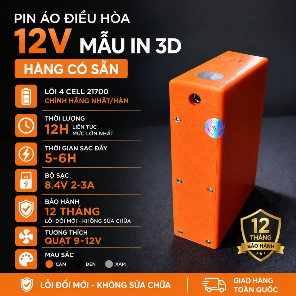 Pin áo điều hoà 12V, Mẫu in 3D Nhỏ Gọn, Đóng Pin Dung Lượng Cao, Chạy Được Cả Ngày