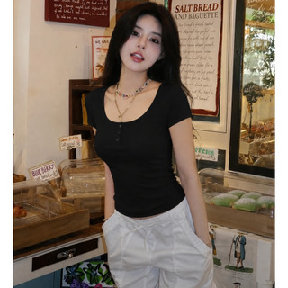 Áo Thun Nữ Cổ Vuông Phối Nút Tay Ngắn RUSY Chất Thun Co Giãn Form Ôm Body Màu Pastel TN08