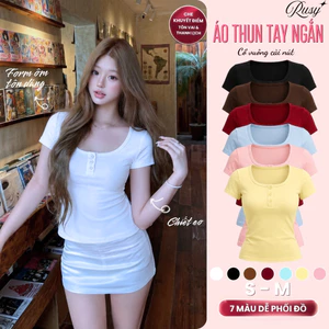 Áo Thun Nữ Cổ Vuông Phối Nút Tay Ngắn RUSY Chất Thun Co Giãn Form Ôm Body Màu Pastel TN08
