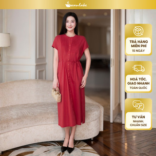 SWANLAKE | Váy Đầm Nữ Midi Suông Cổ Trụ Cài Nút Xếp Ly Vải Linen Dây Thắt Eo Xẻ Tà Công Sở D12752