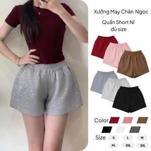 Quần Short Nỉ 2 Da Nữ Bigsize Cạp Chun Co Giãn, Quần Sooc Đùi Ống Rộng Cạp Cao Basic Dễ Phối-QSN001