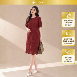 SWANLAKE | Váy Đầm Ren Nữ Suông Vải Cotton Thêu Đục Lỗ Lót Thun Tay Lỡ Phồng Công Sở Có Túi D12481