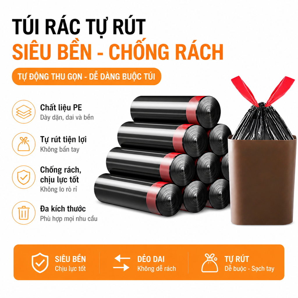 Túi rác tự hủy sinh học dây rút 45x50cm, chất liệu PE, siêu dai, siêu bền, không bẩn tay - 5 cuộn