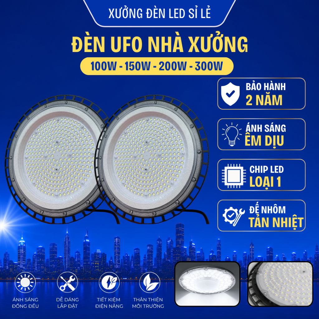 Đèn Led Nhà Xưởng Đèn UFO 100W 150W 200W 300W Hợp Kim Nhôm Tĩnh Điện Chống Nước Tiết Kiệm Điện