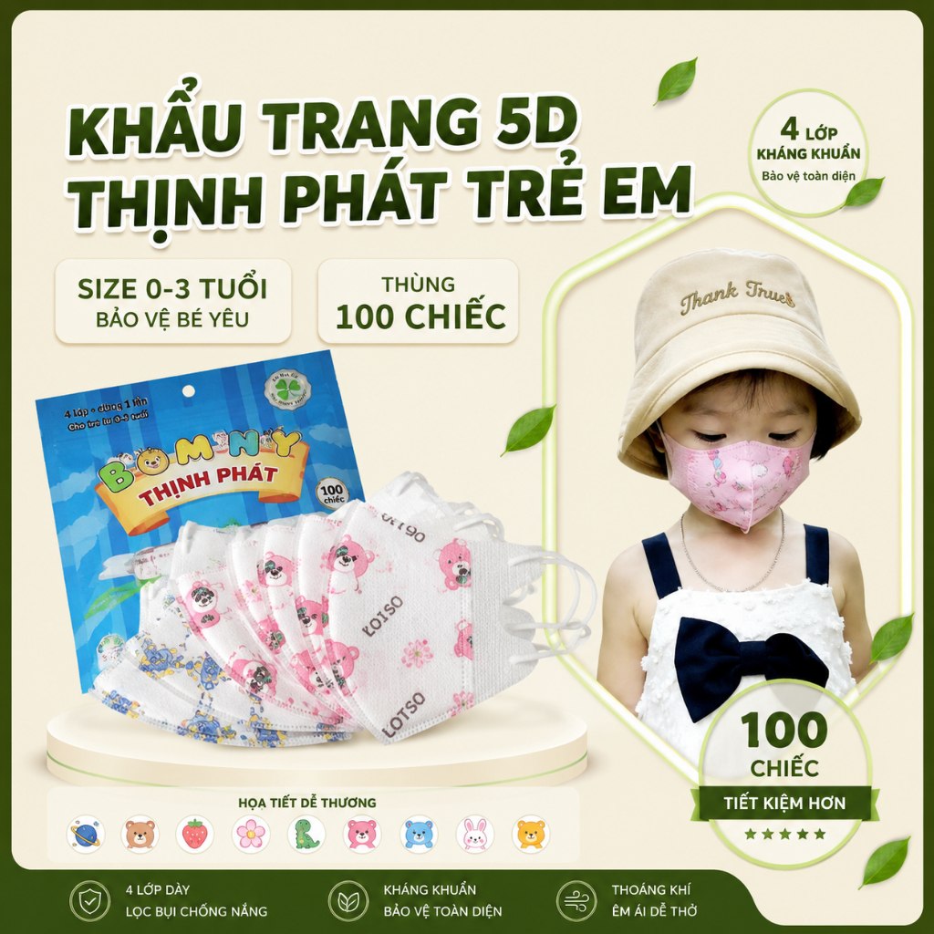 Khẩu Trang Trẻ Em 5D KIDS Thịnh Phát Chính Hãng | Êm Tai - Thoáng Khí - Ôm Mặt - Co Giãn | Set 200C
