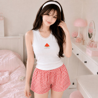 Set Áo Balo Viền Ren In Trái Cây Nhiệt Đới Kèm Quần Short Karo Nữ Ống Rộng Phối Nơ Chất Cotton - BD016