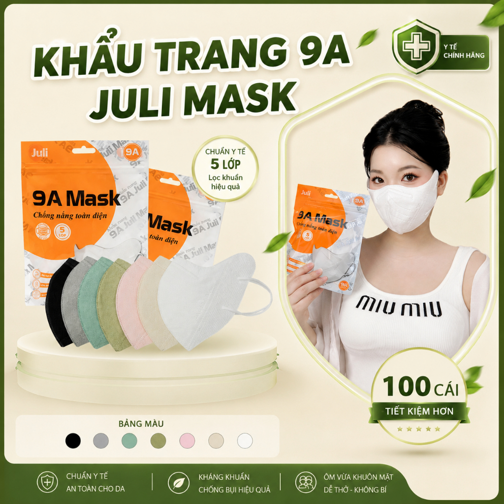 [MUA 200 chiếc 9A tặng 20c 5D ] Khẩu trang 9A JULI 5 Lớp Kháng Khuẩn Dày Dặn, Chống Nắng Toàn Diện