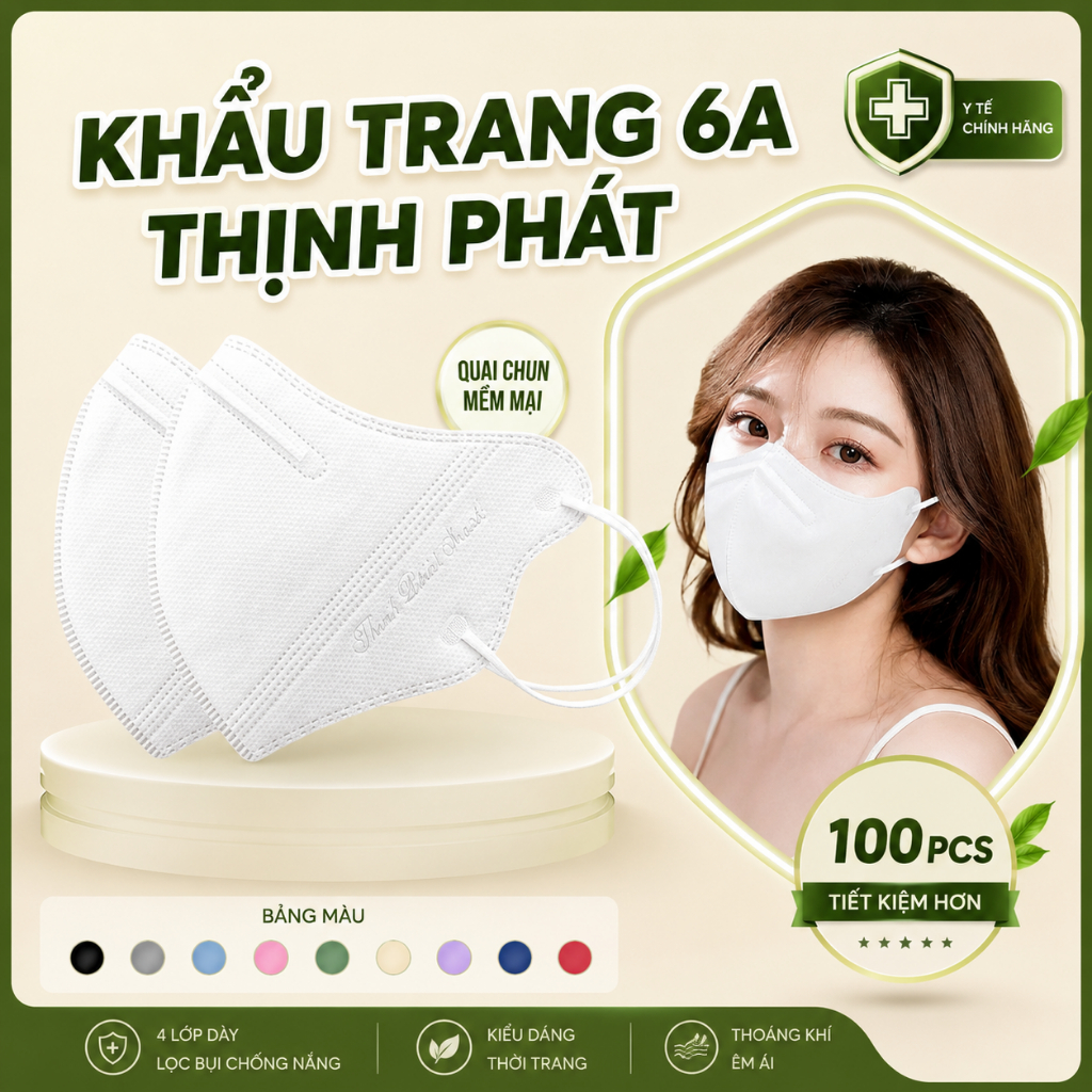 Set 100 Cái  Khẩu Trang 6A THỊNH PHÁT 4 Lớp Hàng Cao Cấp Kín Khuôn Mặt, Kháng Bụi Mịn Chống Tia UV
