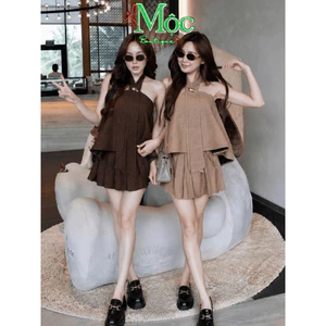 Set váy ngắn, Set TK form babydoll áo 2 lớp yếm vạt chất Xước Hàn QC kèm tag mix váy có quần trong