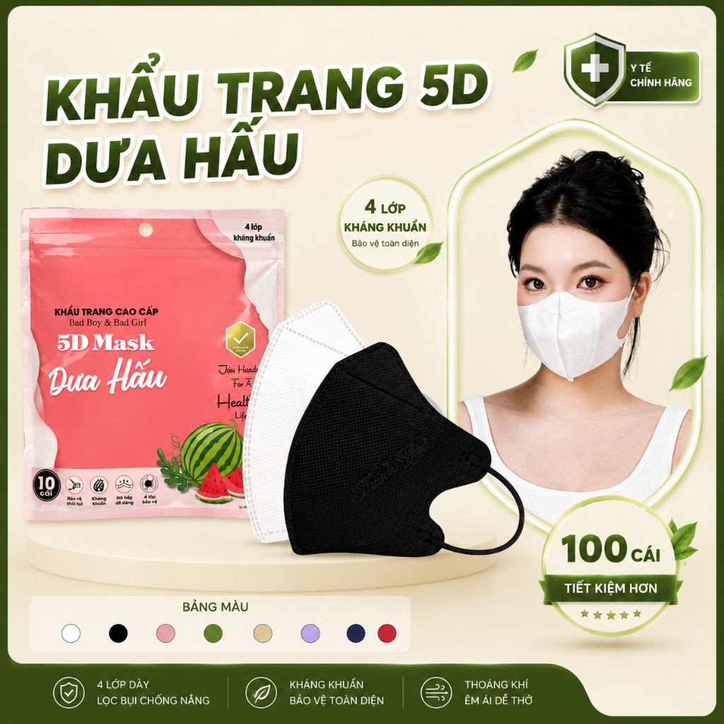 [ Set 100 Cái] Khẩu Trang 5D Mask Dưa Hấu 4 Lớp [Dành Cho Mặt Nhỏ] Dày Dặn Cao Cấp Lọc Bụi Mịn