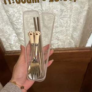 Bộ dụng cụ ăn uống thép không gỉ họa tiết thú cưng kèm hộp đựng sạch MUN STORE B3THIADUAMEO242