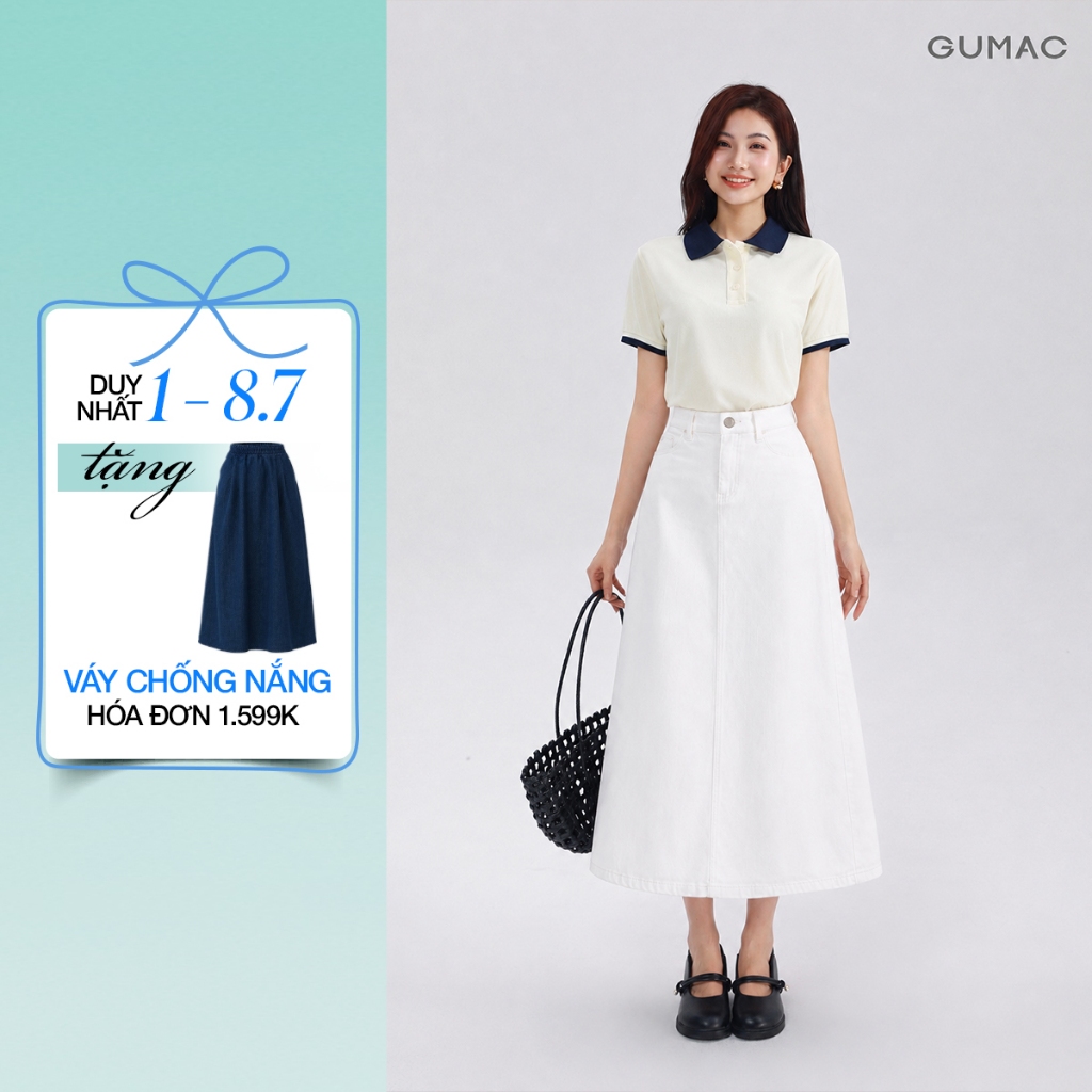 Chân Váy Jeans Nữ GUMAC Form A Dài Qua Gối Thanh Lịch Tôn Dáng Hiện Đại LVG06046