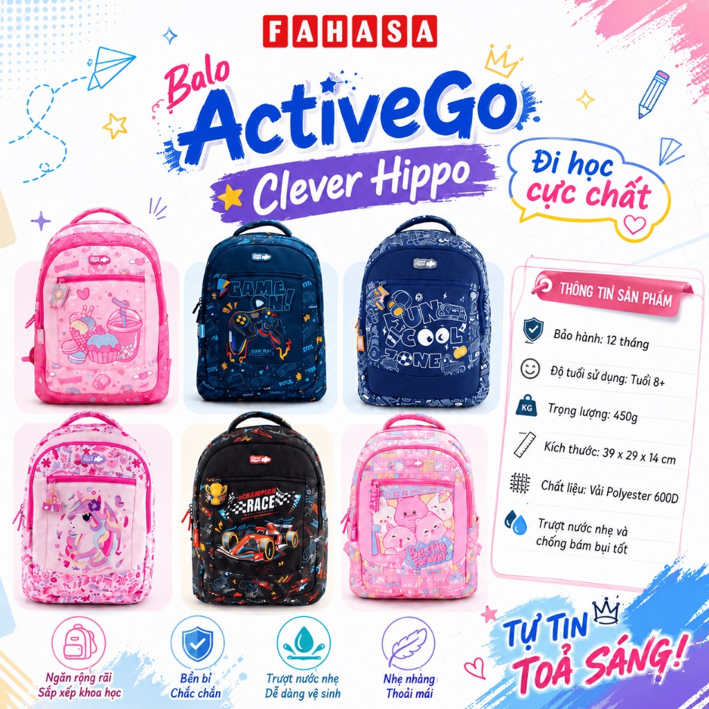 Balo Học Sinh ActiveGo Clever Hippo Mẫu Mới 2026 - Việt Tinh Anh