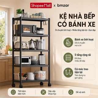 BMZAR Kệ để đồ đa năng thép cacbon đen Kệ sắt Có bánh xe Kệ lò vi sóng Chịu tải tối đa 500kg [Mẫu mới 2026]
