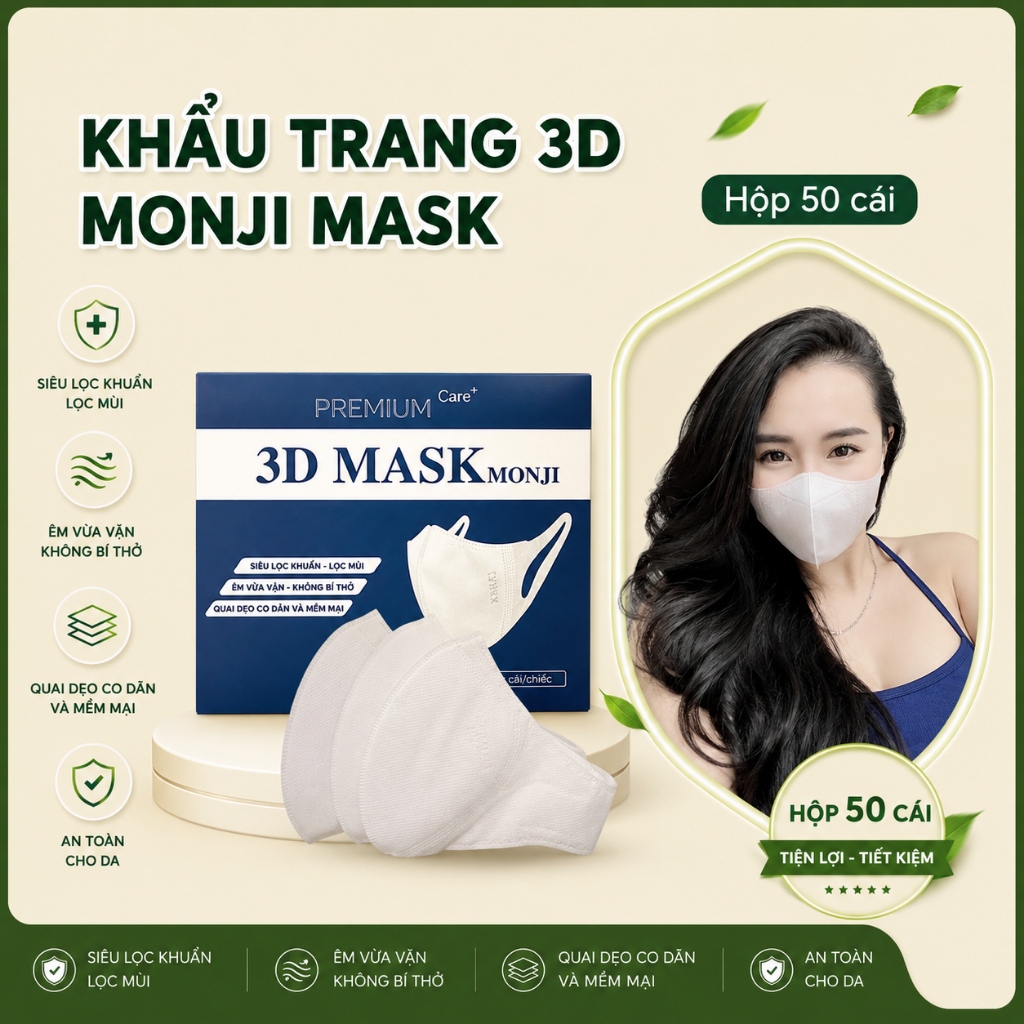 Khẩu Trang 3D Mask Monji Trắng Kháng Khuẩn Chống Bụi Mịn Công Nghệ Nhật Bản Chính Hãng