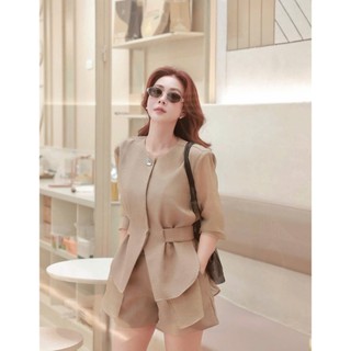 sét áo blazer cộc tay phối vạt voan tơ xếp ly mix đai thắt eo phối quần short