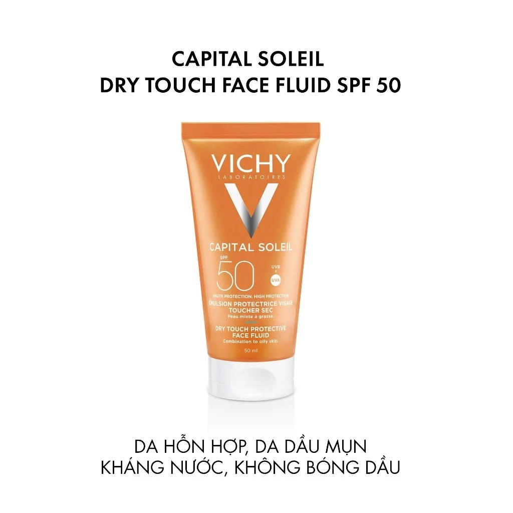 Kem chống nắng bảo vệ da mỏng nhẹ không bết dính SPF 50+ UVA, UVB Vichy Capital Soleil Dry Touch