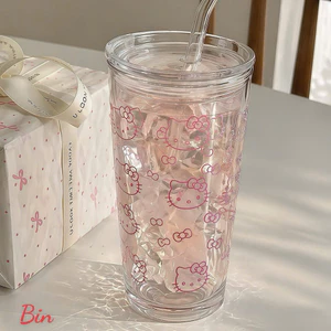 Cốc thuỷ tinh hello kitty siêu xinh kèm ống hút