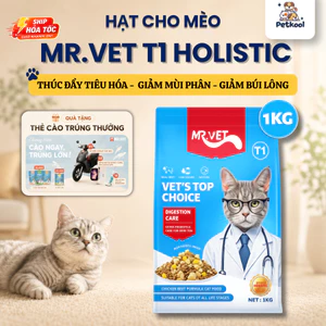 Hạt Cho Mèo MRVET T1 Holistic 1kg Với 30% Protein Kèm Topping Thịt Gà, Gan Gà, Lòng Đỏ Trứng Sấy Khô Pet Kool