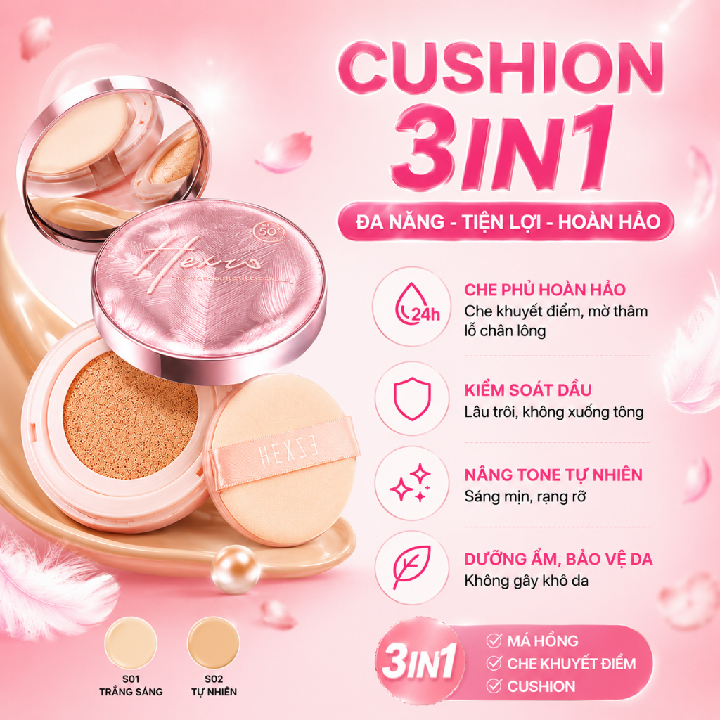[LIVESTREAM] Phấn nước HEXZE 3IN1 SPF50+ PA++++, Cushion Chống Nắng Kèm Che Khuyết Điểm & Má Hồng