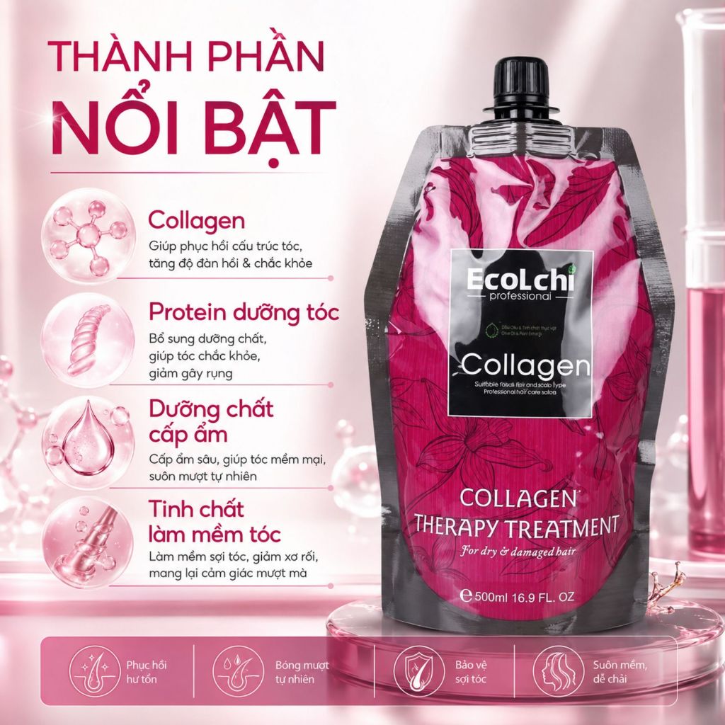 Kem Ủ Tóc Ecolchi Collagen 500ml (Túi) | Dưỡng Ẩm Tóc Khô Xơ, Mềm Mượt & Bóng Khỏe