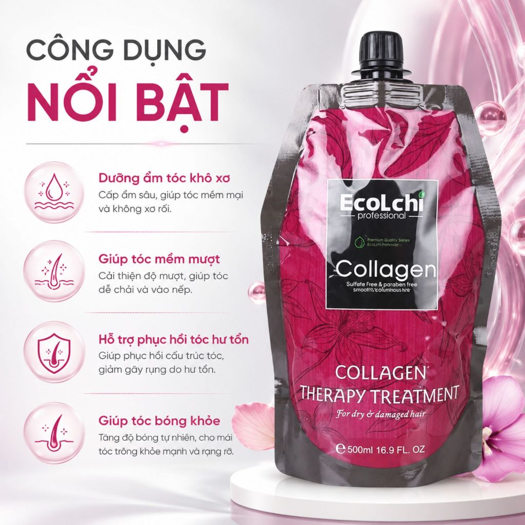 Kem Ủ Tóc Ecolchi Collagen 500ml (Túi) | Dưỡng Ẩm Tóc Khô Xơ, Mềm Mượt & Bóng Khỏe