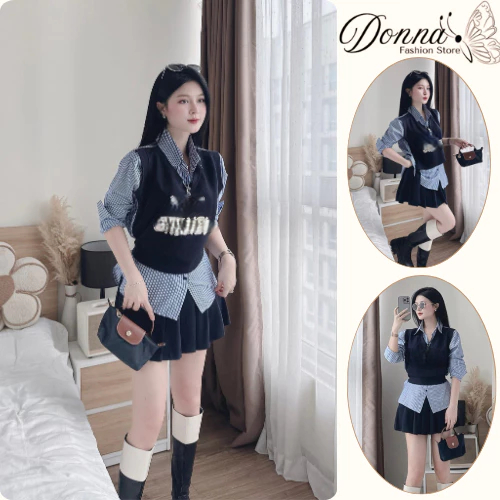 Set đồ nữ, đồ bộ nữ DONNA HCOM26778 áo sơ mi kẻ phối yếm mix chân váy xoè xếp ly trẻ trung