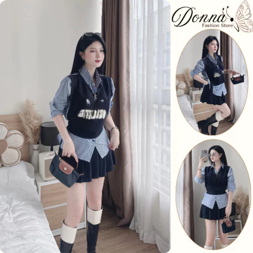 Set đồ nữ, đồ bộ nữ DONNA HCOM26778 áo sơ mi kẻ phối yếm mix chân váy xoè xếp ly trẻ trung