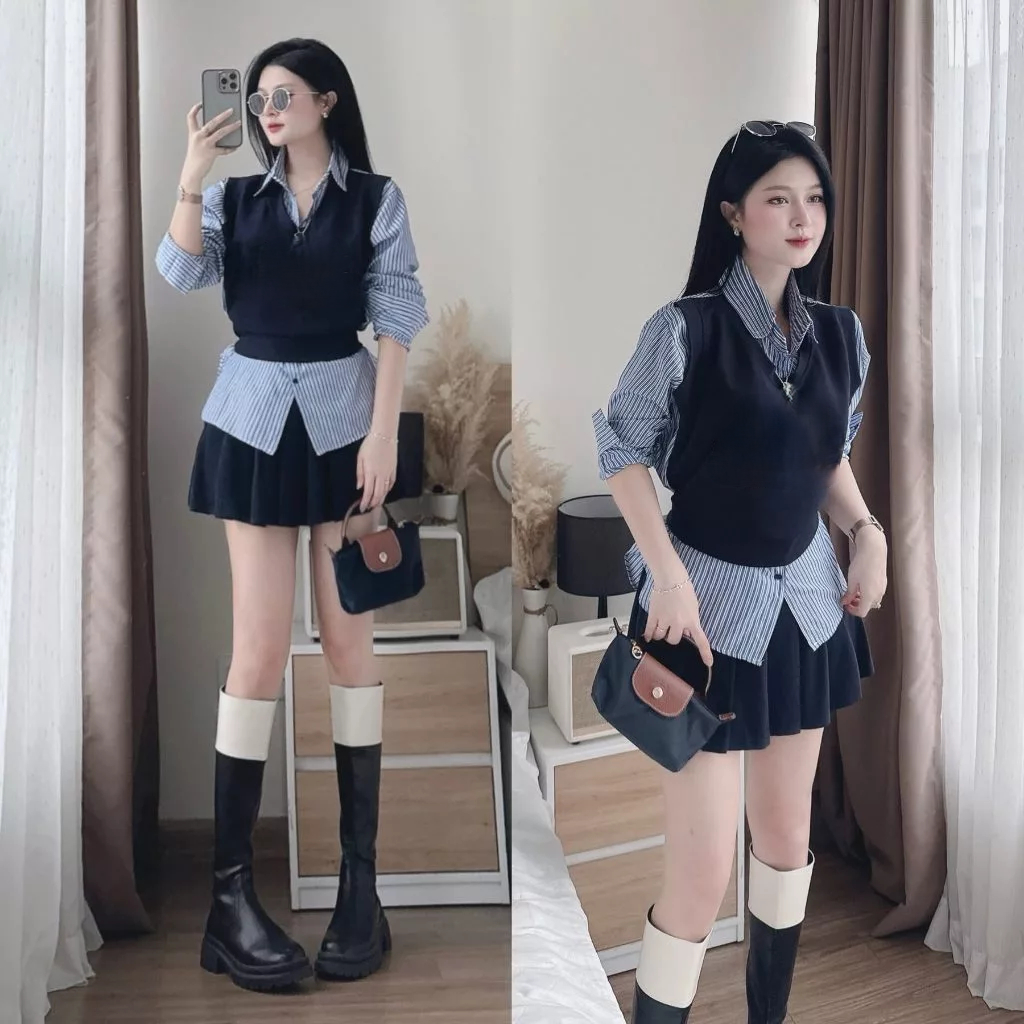 Set đồ nữ, đồ bộ nữ DONNA HCOM26778 áo sơ mi kẻ phối yếm mix chân váy xoè xếp ly trẻ trung