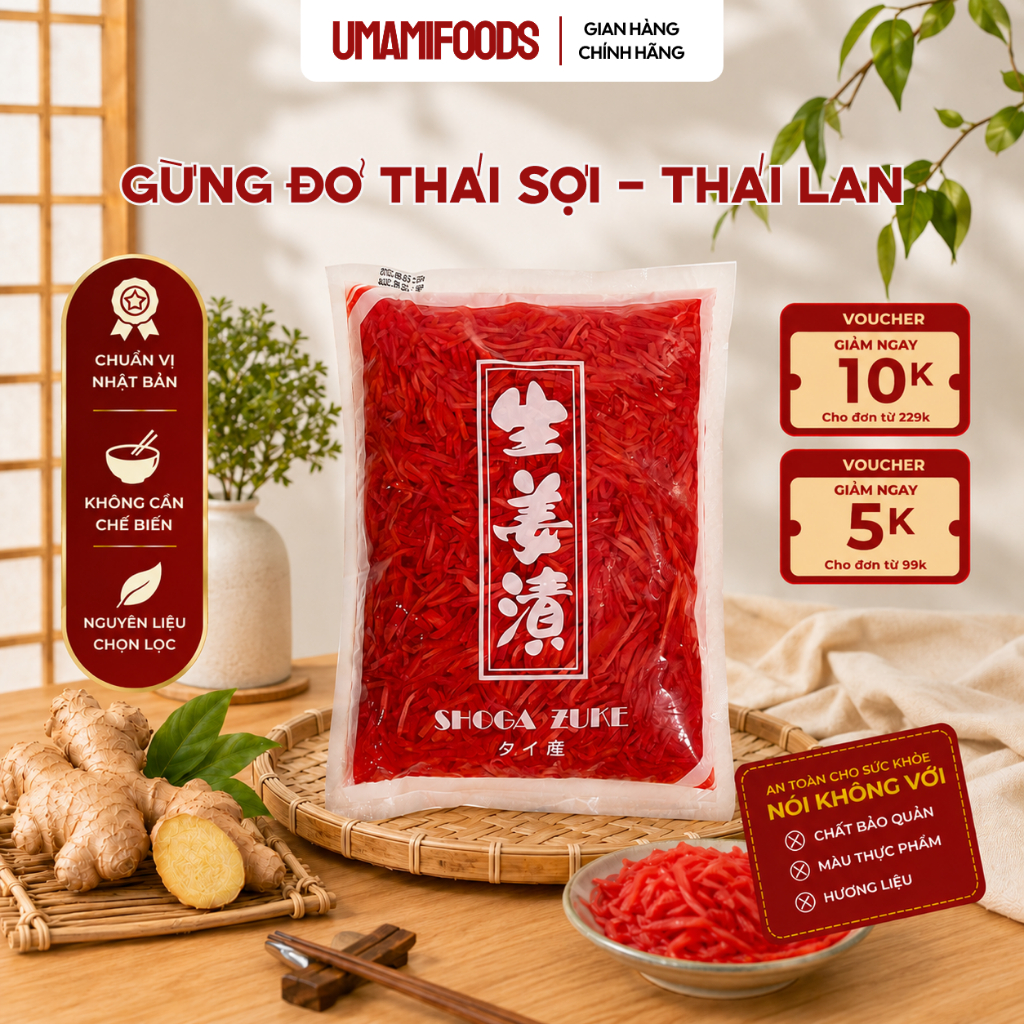 Gừng Đỏ Cắt Sợi 1.5kg Gari Thái Lan | Gừng Sợi Ngâm Ăn Kèm Sushi, Ramen, Gyudon