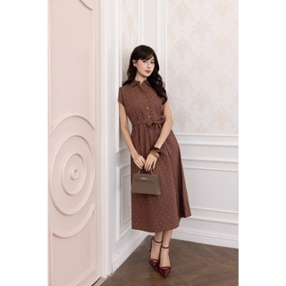 SWANLAKE | Váy Đầm Nữ Cổ Sơ Mi Chấm Bi Vải Linen Tay Ngắn Dây Thắt Eo Có Túi Công Sở Dạo Phố D13807