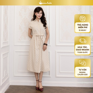 SWANLAKE | Váy Đầm Nữ Cổ Sơ Mi Chấm Bi Vải Linen Tay Ngắn Dây Thắt Eo Có Túi Công Sở Dạo Phố D13807