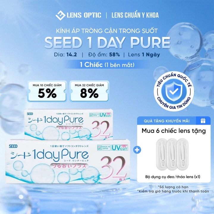 Kính Áp Tròng Cận Thị Lens Optic Trong Suốt 1 Ngày SEED Pure Chuẩn Y Tế, Siêu Mỏng Nhẹ Chống Tia UV Có Độ