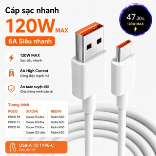 Tương thích với cáp sạc siêu nhanh Xiaomi 120W 6A USB-A sang Type-C, phù hợp với các dòng máy Xiaomi 15, 14, 13, 12,11