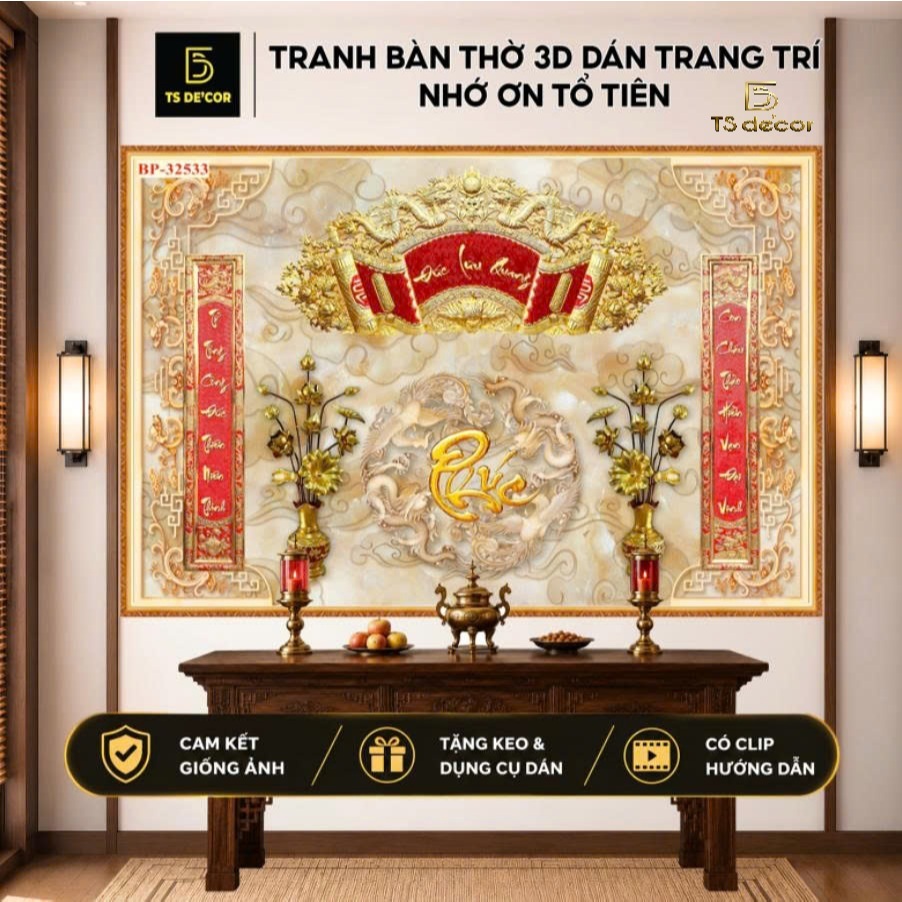 Tranh dán tường 3D mẫu tranh phòng thờ tranh vải lụa