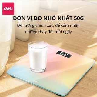 Cân Điện Tử Sức Khỏe Deli Chịu Tải 180kg Màn Hình LED Mặt Kính Cường Lực BẢO HÀNH 3 THÁNG KÈM PIN THAY