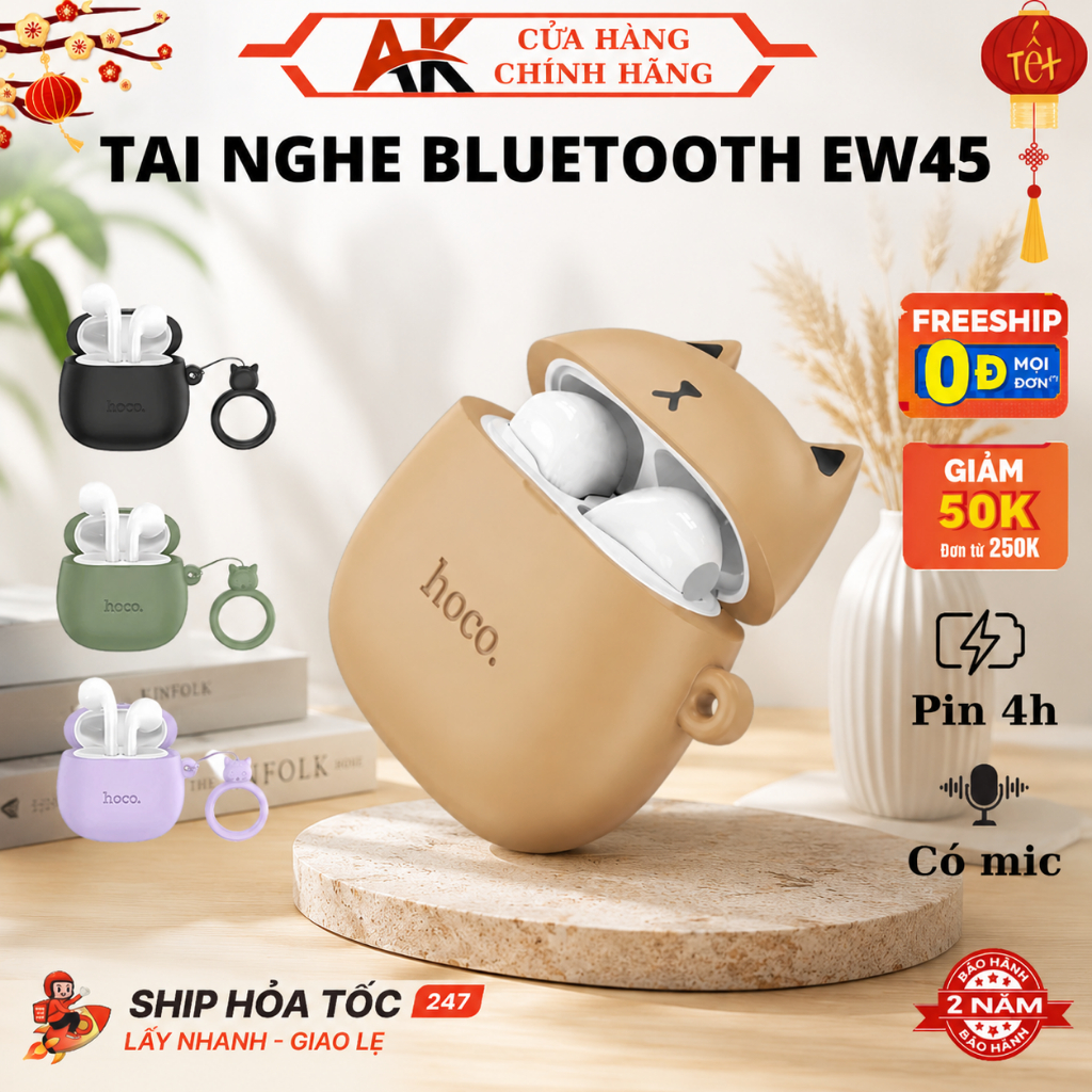 Tai Nghe Bluetooth Hoco EW45 TWS V5.3 Có Mic Đàm Thoại, Nghe Nhạc 4H, Kèm Tai Mèo Cute, BH 2 Năm
