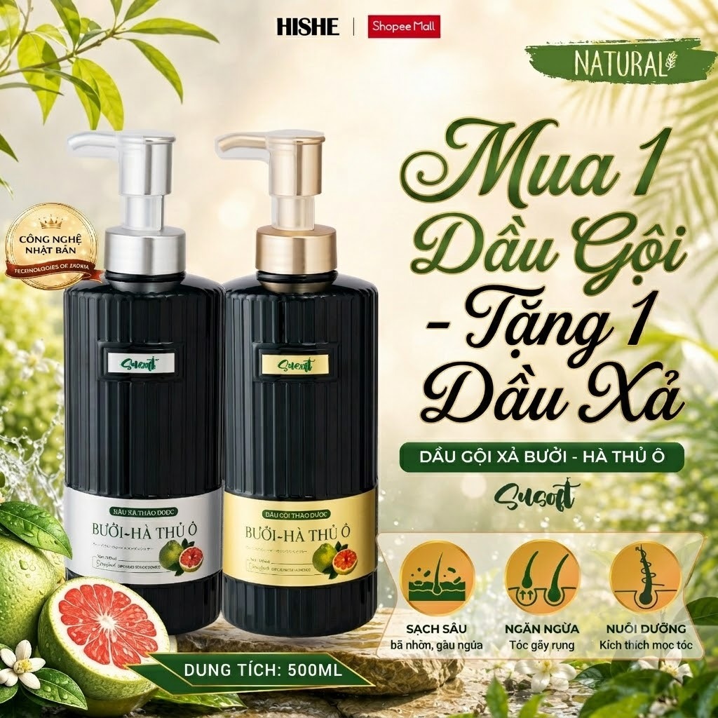 [ TẶNG DẦU XẢ 500ML ] Dầu Gội Xả Bưởi Hà Thủ Ô Susoft – Giảm Gàu và Bết Tóc, Bóng dầu, Kích Mọc Tóc, An Toàn - 500ml