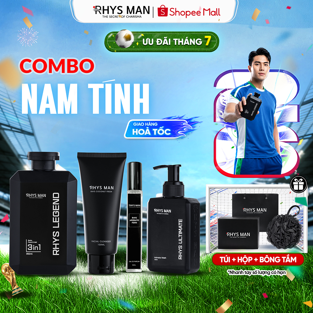 Combo Sữa tắm gội nam 3in1 350ml & Sữa rửa mặt 100ml & Dung dịch vệ sinh 120ml & Nước hoa 10ml Rhys Man - Combo Nam Tính