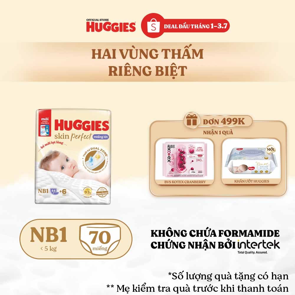 Miếng lót sơ sinh Huggies Skin Perfect NB1 64+4 miếng với 2 vùng thấm giảm kích ứng da
