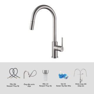 Vòi rửa bát dây rút KLF0030S xoay 360 độ, chất liệu Inox 304 cao cấp, đầu vòi đa chức năng