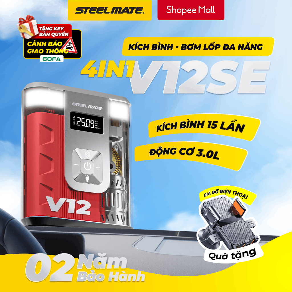 [DEAL SỐC - MUA 1 TẶNG 1] Bơm Lốp & Kích Bình Khẩn Cấp STEELMATE V12SE – Pin 8800mAh, Bảo hành 2 năm
