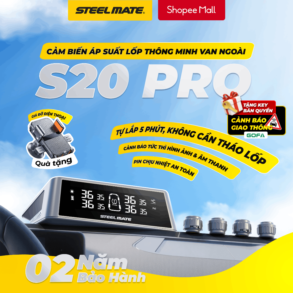 [TPMS] Cảm Biến Áp Suất Lốp Ô Tô STEELMATE TP S20 Pro - Van Ngoài, Cảnh Báo Âm Thanh, Bảo hành 2 năm