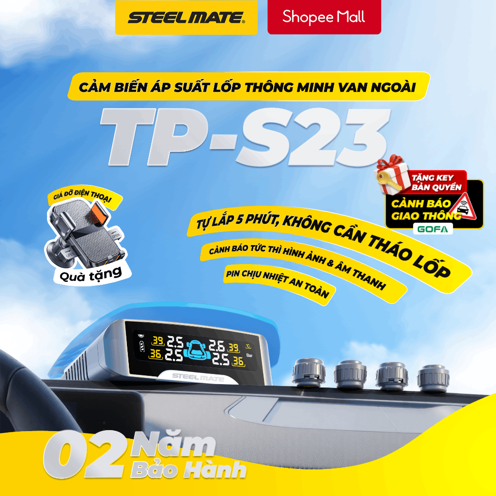 [TPMS] Cảm Biến Áp Suất Lốp Ô Tô STEELMATE TP-S23 - Van Ngoài, Cảnh Báo Âm Thanh, Bảo hành 2 năm