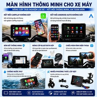 Màn hình CarPlay xe máy 5 inch IPS cảm ứng, màn hình dẫn đường GPS Bluetooth chống nước IP67